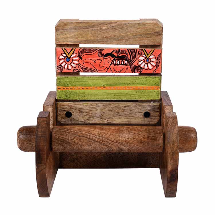 Tissue Roll/ Towel Holder Handcrafted in Wood with Madhubani Art (5x4x6.5") - Storage & Utilities - 4