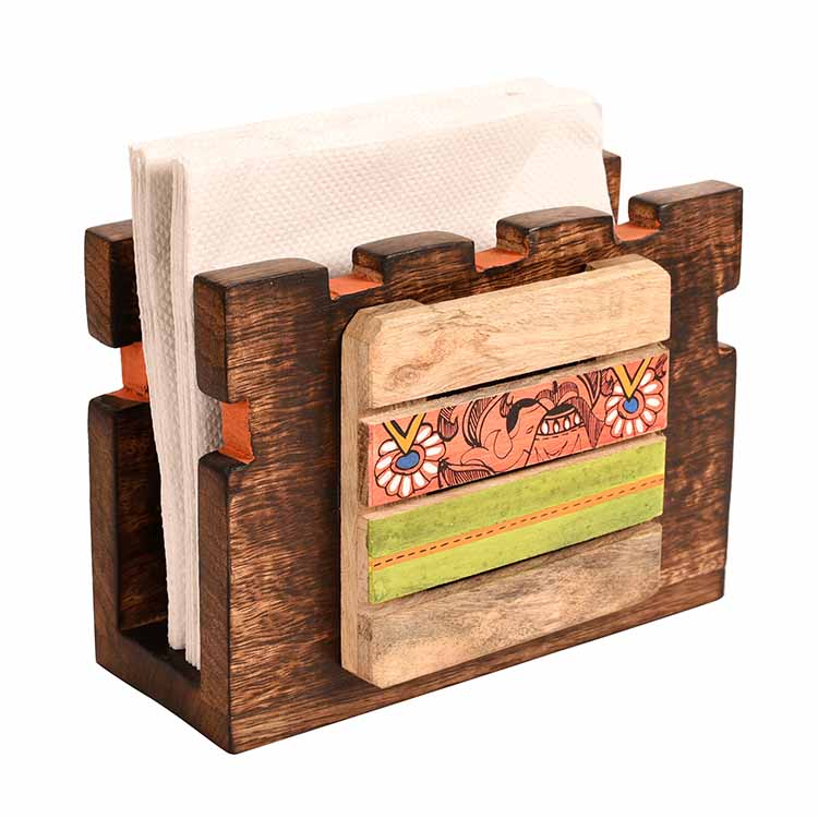 Tissue Holder Handcrafted in Wood with Tribal Art (7x3x5") - Dining & Kitchen - 3