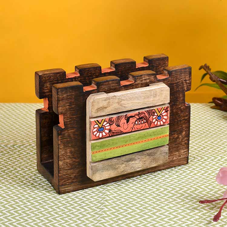 Tissue Holder Handcrafted in Wood with Tribal Art (7x3x5") - Dining & Kitchen - 2