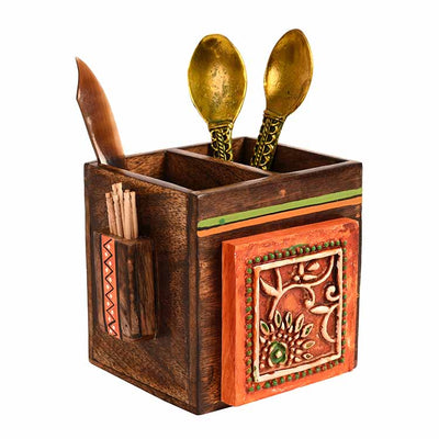 Cutlery Holder Handcrafted in Wood with Tribal Art (4.5x4x4") - Dining & Kitchen - 4