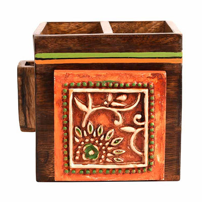 Cutlery Holder Handcrafted in Wood with Tribal Art (4.5x4x4") - Dining & Kitchen - 3