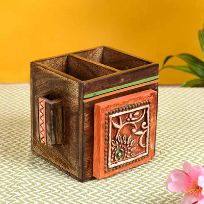 Cutlery Holder Handcrafted in Wood with Tribal Art (4.5x4x4") - Dining & Kitchen - 2
