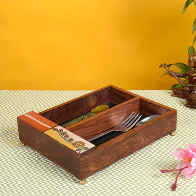 Cutlery Holder Handcrafted in Wood with Flower Motif (9x7x2.2") - Dining & Kitchen - 2