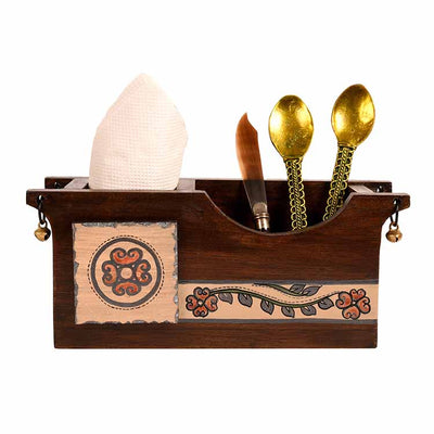 Cutlery Holder Handcrafted in Wood with Folk Art (9.2x3.3x4") - Dining & Kitchen - 3
