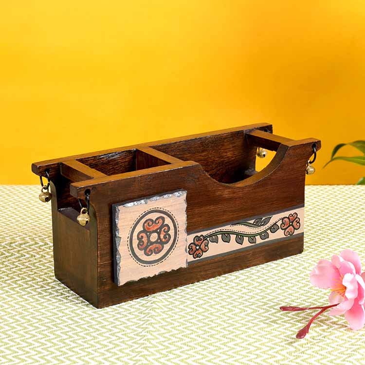 Cutlery Holder Handcrafted in Wood with Folk Art (9.2x3.3x4") - Dining & Kitchen - 2