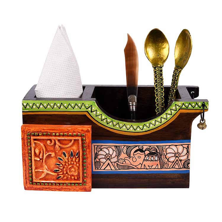 Cutlery Holder Handcrafted in Wood with Madhubani Art (8x3.5x4") - Dining & Kitchen - 3