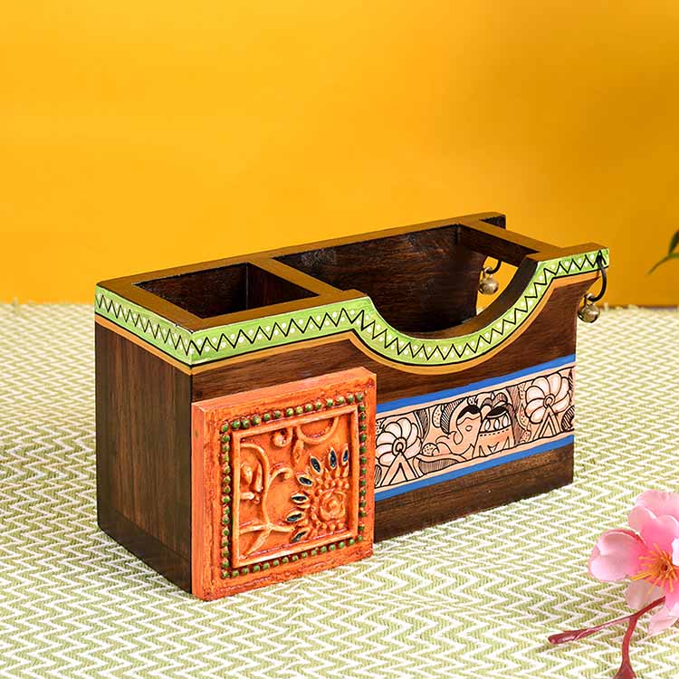 Cutlery Holder Handcrafted in Wood with Madhubani Art (8x3.5x4") - Dining & Kitchen - 2