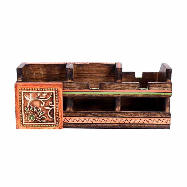 Cutlery Holder Handcrafted in Wood with Tribal Art (10x4x4") - Dining & Kitchen - 4