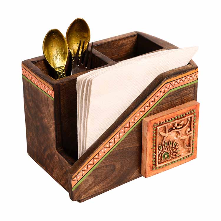 Cutlery Holder Handcrafted in Wood with Ceramic Tile (7.2x5x4.7") - Dining & Kitchen - 3