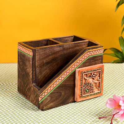 Cutlery Holder Handcrafted in Wood with Ceramic Tile (7.2x5x4.7") - Dining & Kitchen - 2