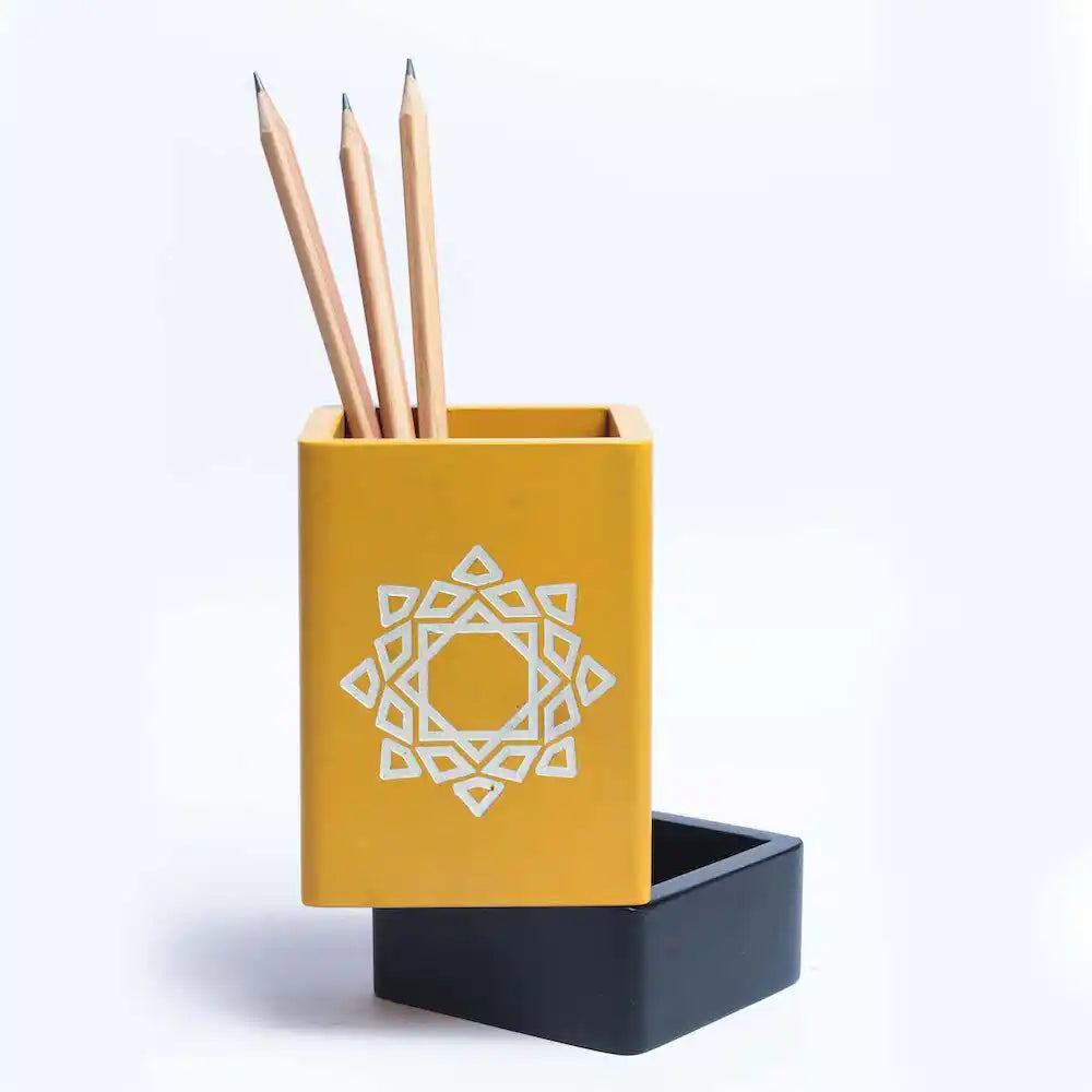 Yellow Pen Stand with Base Drawer