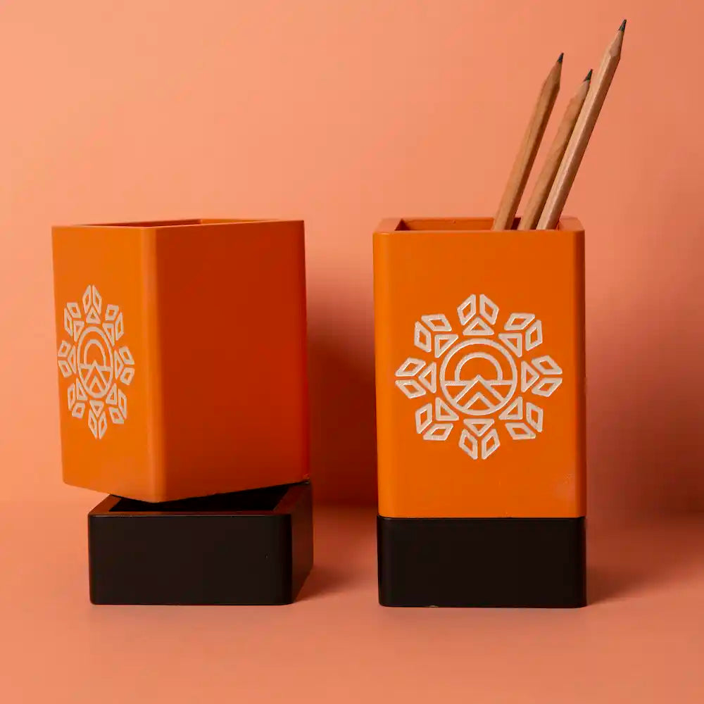 Orange Pen Stand with Base Drawer