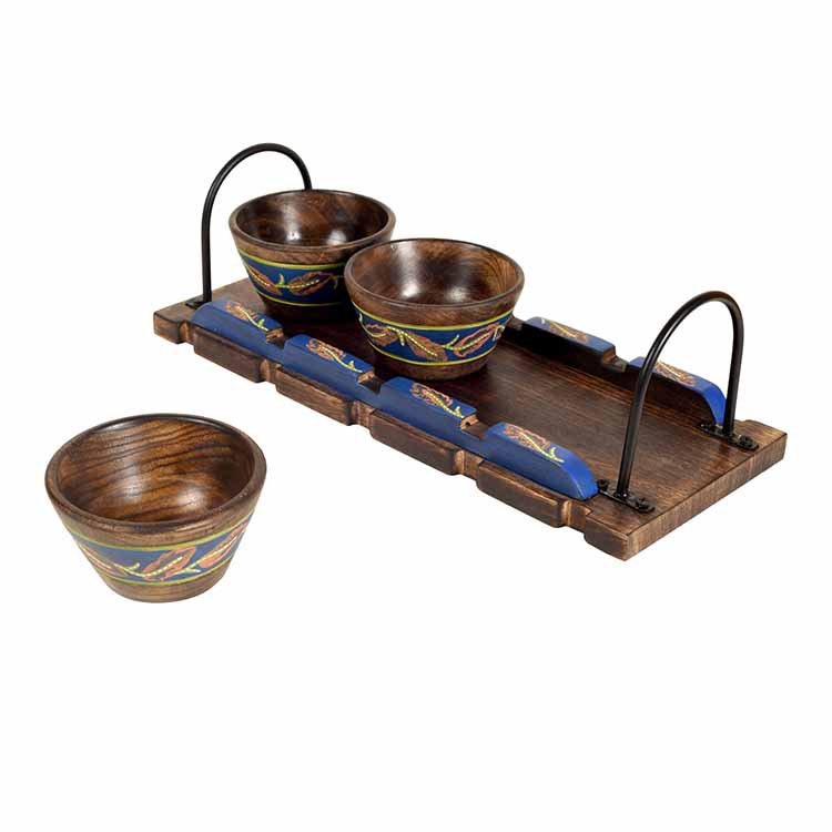 Wooden Bowls & Tray Handpainted, Metal Handles - Dining & Kitchen - 3