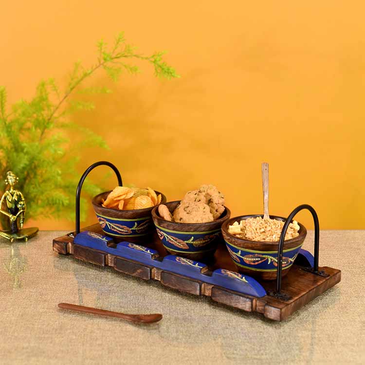 Wooden Bowls & Tray Handpainted, Metal Handles - Dining & Kitchen - 2