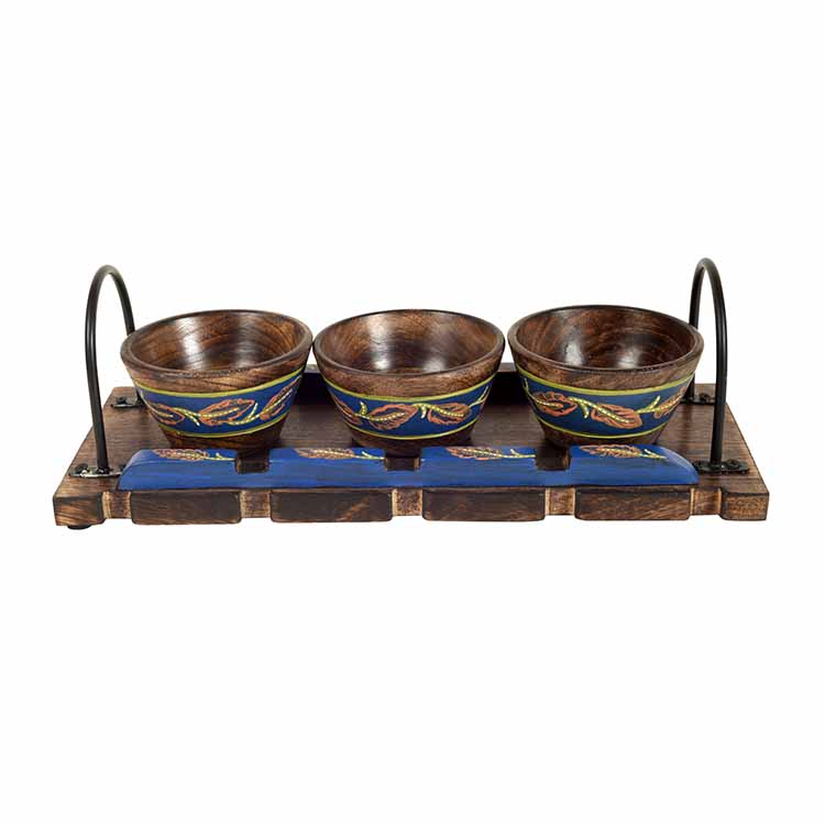 Wooden Bowls & Tray Handpainted, Metal Handles - Dining & Kitchen - 4