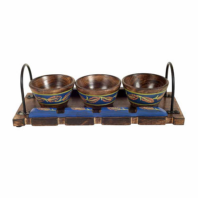 Wooden Bowls & Tray Handpainted, Metal Handles - Dining & Kitchen - 4