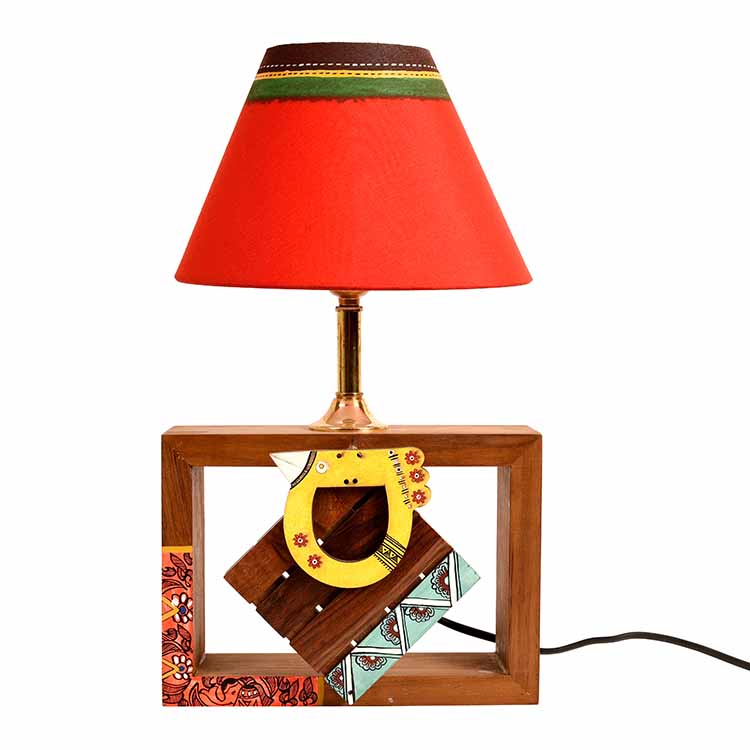 Table Lamp Handcrafted in Wood with Tribal Motifs and Bird with Red Shade (8x4x10.7") - Decor & Living - 3