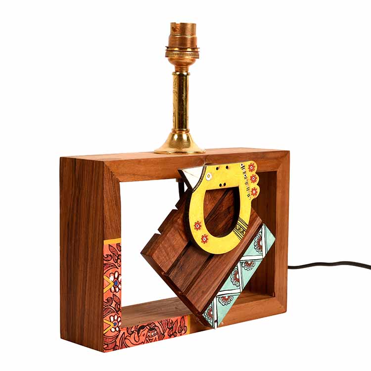 Table Lamp Handcrafted in Wood with Tribal Motifs and Bird with Red Shade (8x4x10.7") - Decor & Living - 5
