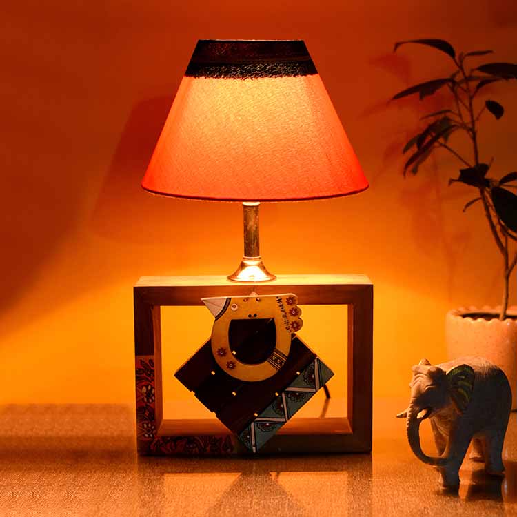Table Lamp Handcrafted in Wood with Tribal Motifs and Bird with Red Shade (8x4x10.7") - Decor & Living - 2