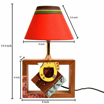 Table Lamp Handcrafted in Wood with Tribal Motifs and Bird with Red Shade (8x4x10.7") - Decor & Living - 6