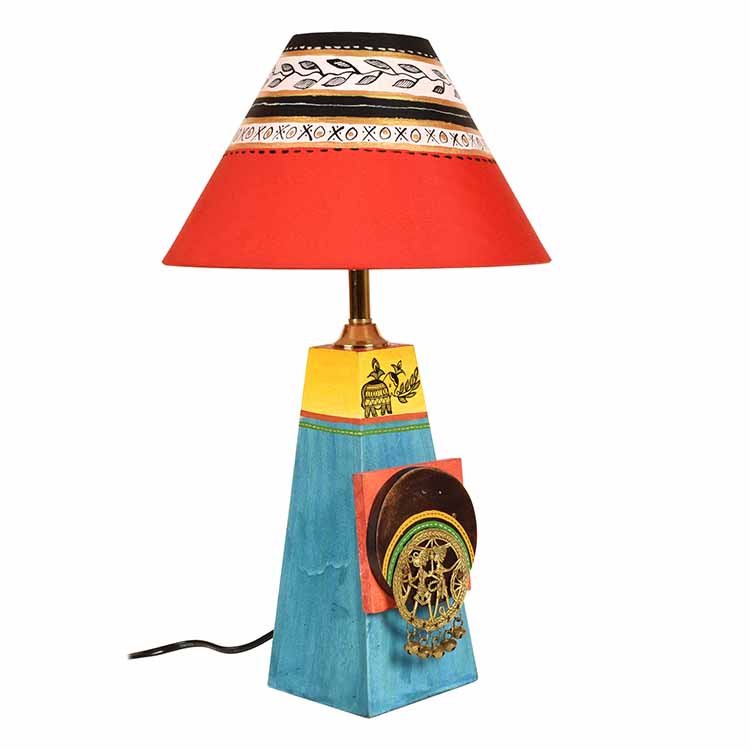 Turquoise Blue Lamp Embellished with Dhokra Brass Tiles & Red Shade - Decor & Living - 2