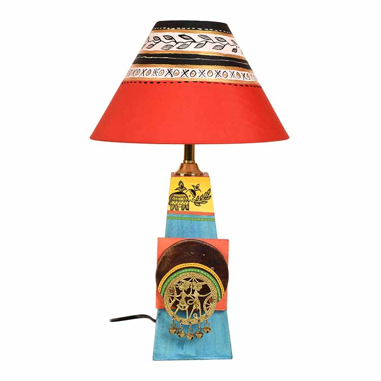 Turquoise Blue Lamp Embellished with Dhokra Brass Tiles & Red Shade - Decor & Living - 3
