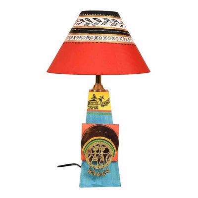 Turquoise Blue Lamp Embellished with Dhokra Brass Tiles & Red Shade - Decor & Living - 3