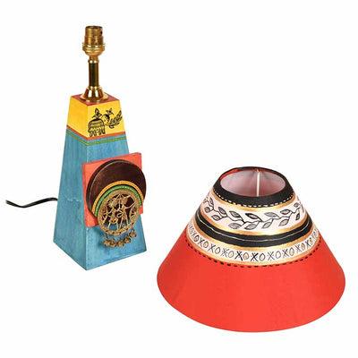 Turquoise Blue Lamp Embellished with Dhokra Brass Tiles & Red Shade - Decor & Living - 4