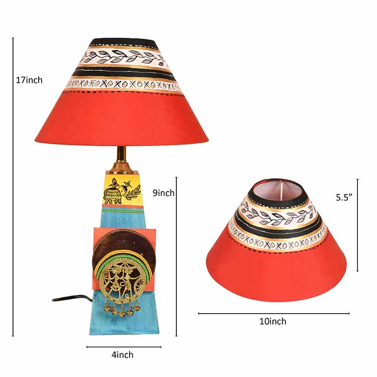 Turquoise Blue Lamp Embellished with Dhokra Brass Tiles & Red Shade - Decor & Living - 5