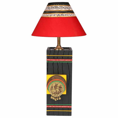 Table Lamp in Wood handcrafted with Dhokra/Warli Art, Black Base, Red 8"Shade (5x5x12") - Decor & Living - 2