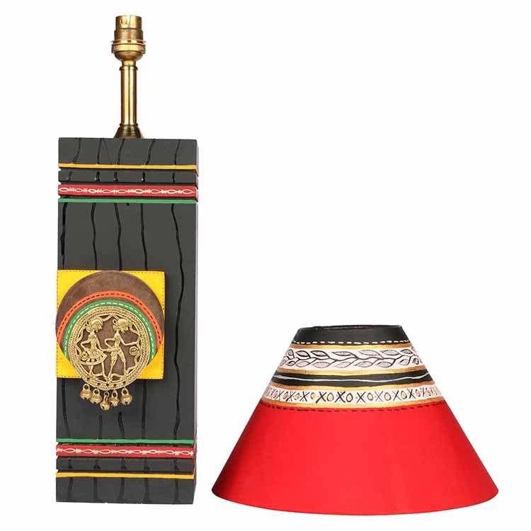 Table Lamp in Wood handcrafted with Dhokra/Warli Art, Black Base, Red 8"Shade (5x5x12") - Decor & Living - 3