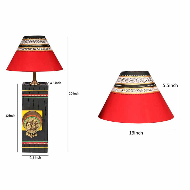 Table Lamp in Wood handcrafted with Dhokra/Warli Art, Black Base, Red 8"Shade (5x5x12") - Decor & Living - 6