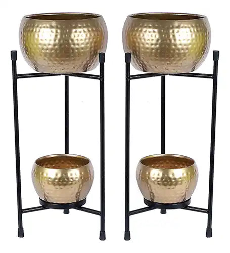 Black & Gold Double Layer Hammered Apple Planter Set of 2