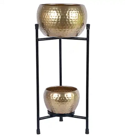 Black & Gold Double Layer Hammered Apple Planter Set of 2
