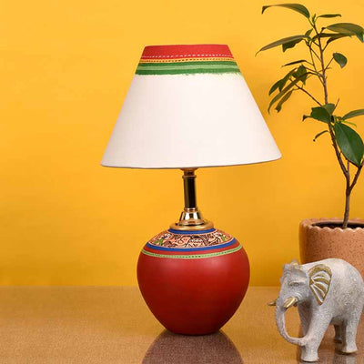 Table Lamp Red Earthen Handcrafted with White Shade (9.5x7") - Decor & Living - 2