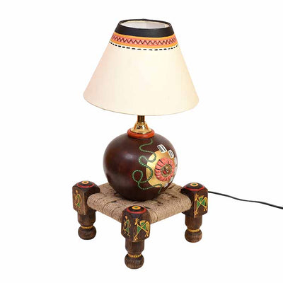 Table Lamp Earthen in Brown Color on Jute Wooden Manji Handcrafted with White Shade (8x8x17") - Decor & Living - 3