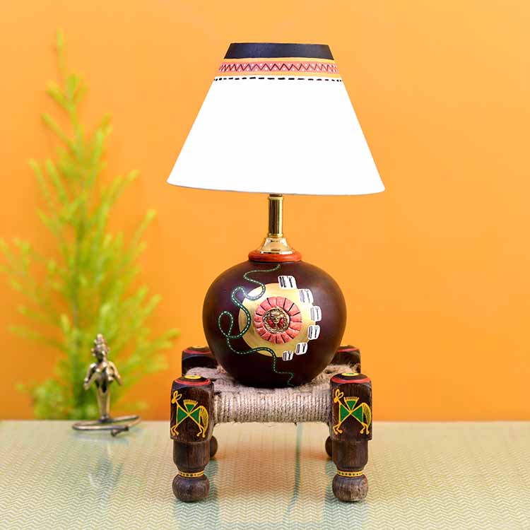 Table Lamp Earthen in Brown Color on Jute Wooden Manji Handcrafted with White Shade (8x8x17") - Decor & Living - 2