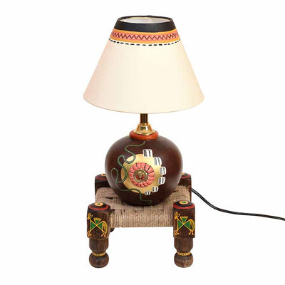 Table Lamp Earthen in Brown Color on Jute Wooden Manji Handcrafted with White Shade (8x8x17") - Decor & Living - 4