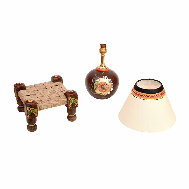 Table Lamp Earthen in Brown Color on Jute Wooden Manji Handcrafted with White Shade (8x8x17") - Decor & Living - 5
