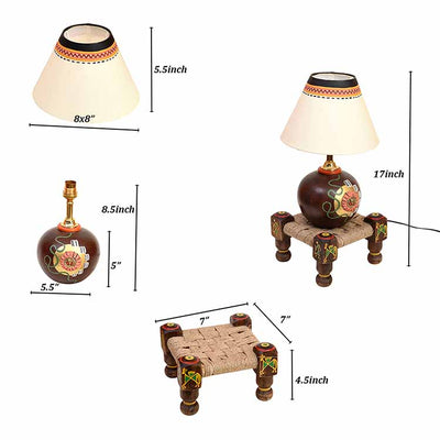 Table Lamp Earthen in Brown Color on Jute Wooden Manji Handcrafted with White Shade (8x8x17") - Decor & Living - 6
