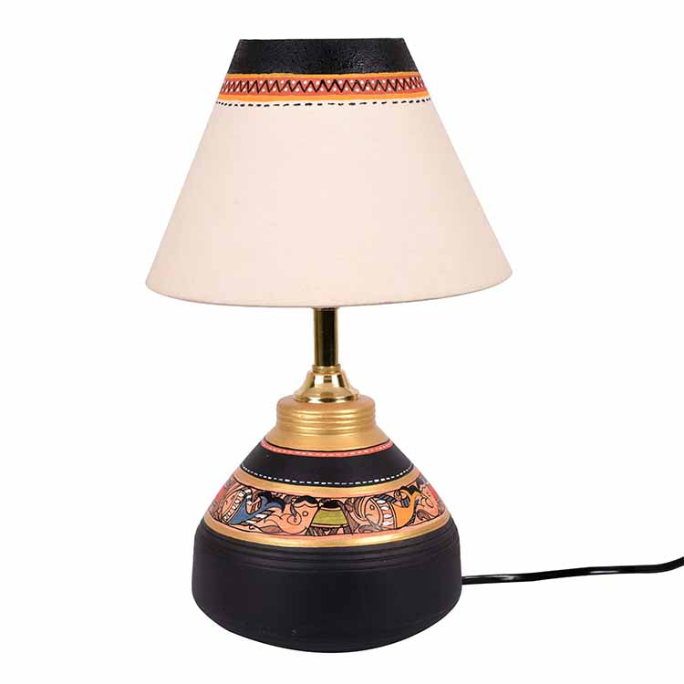 Table Lamp Black Earthen Handcrafted with White Shade (9.5x6") - Decor & Living - 3
