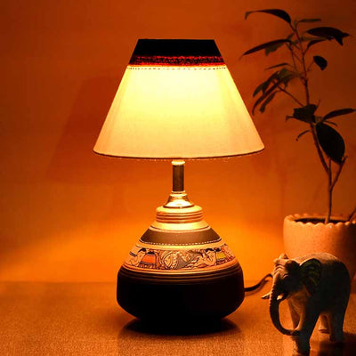Table Lamp Black Earthen Handcrafted with White Shade (9.5x6") - Decor & Living - 2