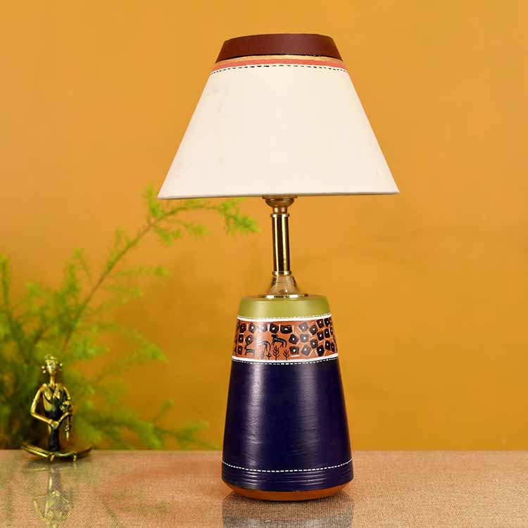 Handpainted Midnight Blue Earthen Lamp with White Shade - Decor & Living - 2