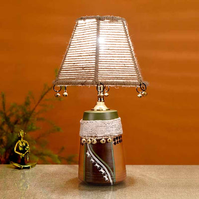 Hand Knitted Earthen Lamp with embellished Jute Shade (16x4.5") - Decor & Living - 2