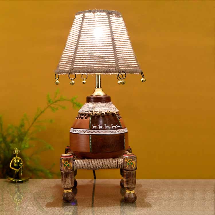 Hand Knitted Earthen Lamp with Jute Shade on Rosewood Manji (7x7x18") - Decor & Living - 2