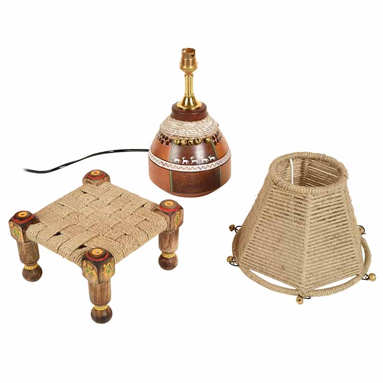 Hand Knitted Earthen Lamp with Jute Shade on Rosewood Manji (7x7x18") - Decor & Living - 4