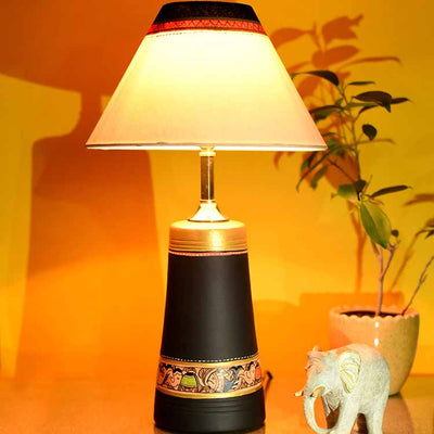 Table Lamp Black Earthen Handcrafted with White Shade (13x4.7") - Decor & Living - 2