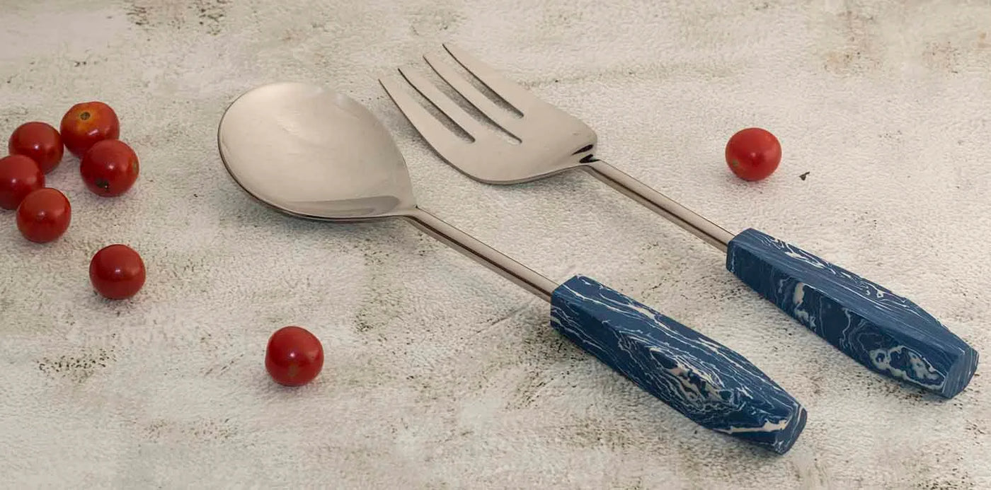 Set of 2 Stainless Stone with Blue Stone Salad Server - Dining & Kitchen - 3
