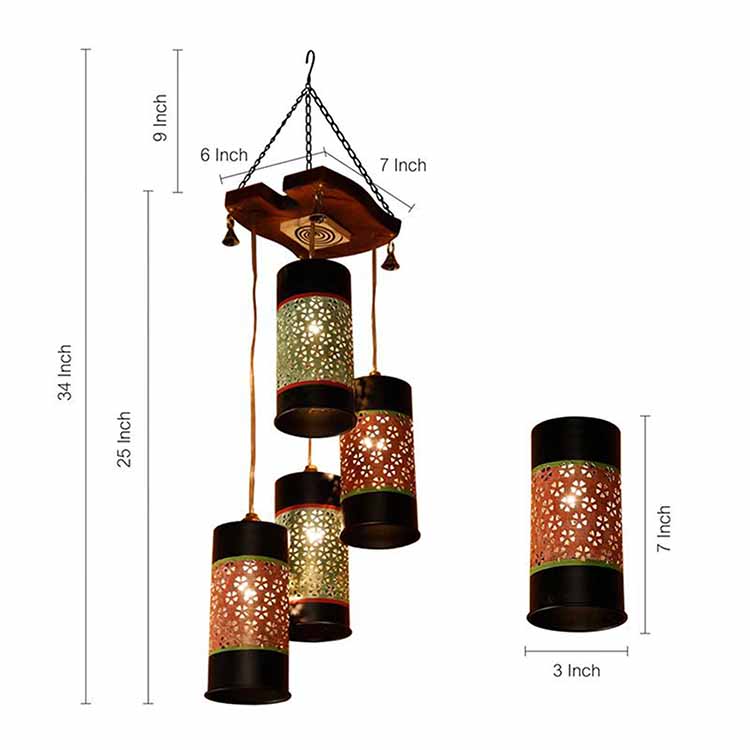 Celo-4 Chandelier with Cylindrical Metal Hanging Lamps (4 Shades) - Decor & Living - 4