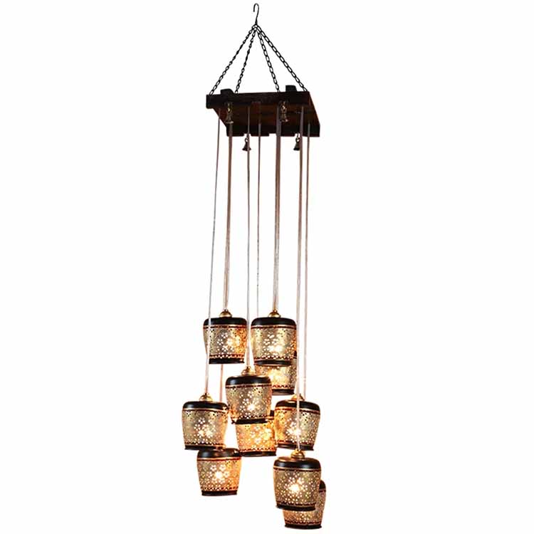 Moon-10 Chandelier with Metal Hanging Lamps in Simmering Gold (10 Shades) - Decor & Living - 2